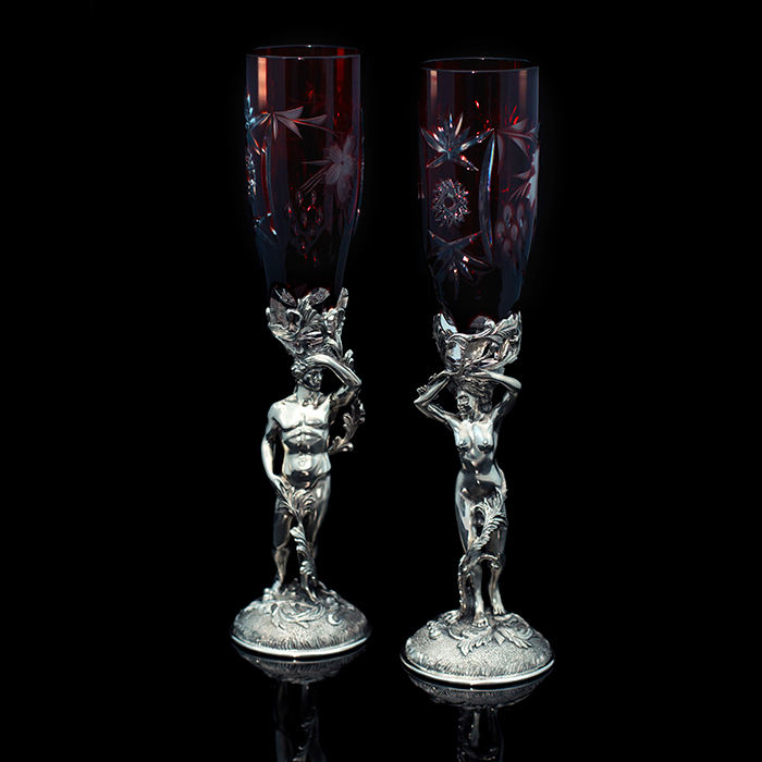 Хрустальные бокалы для вина  "Адам и Ева" бордовые, на 2 персоны